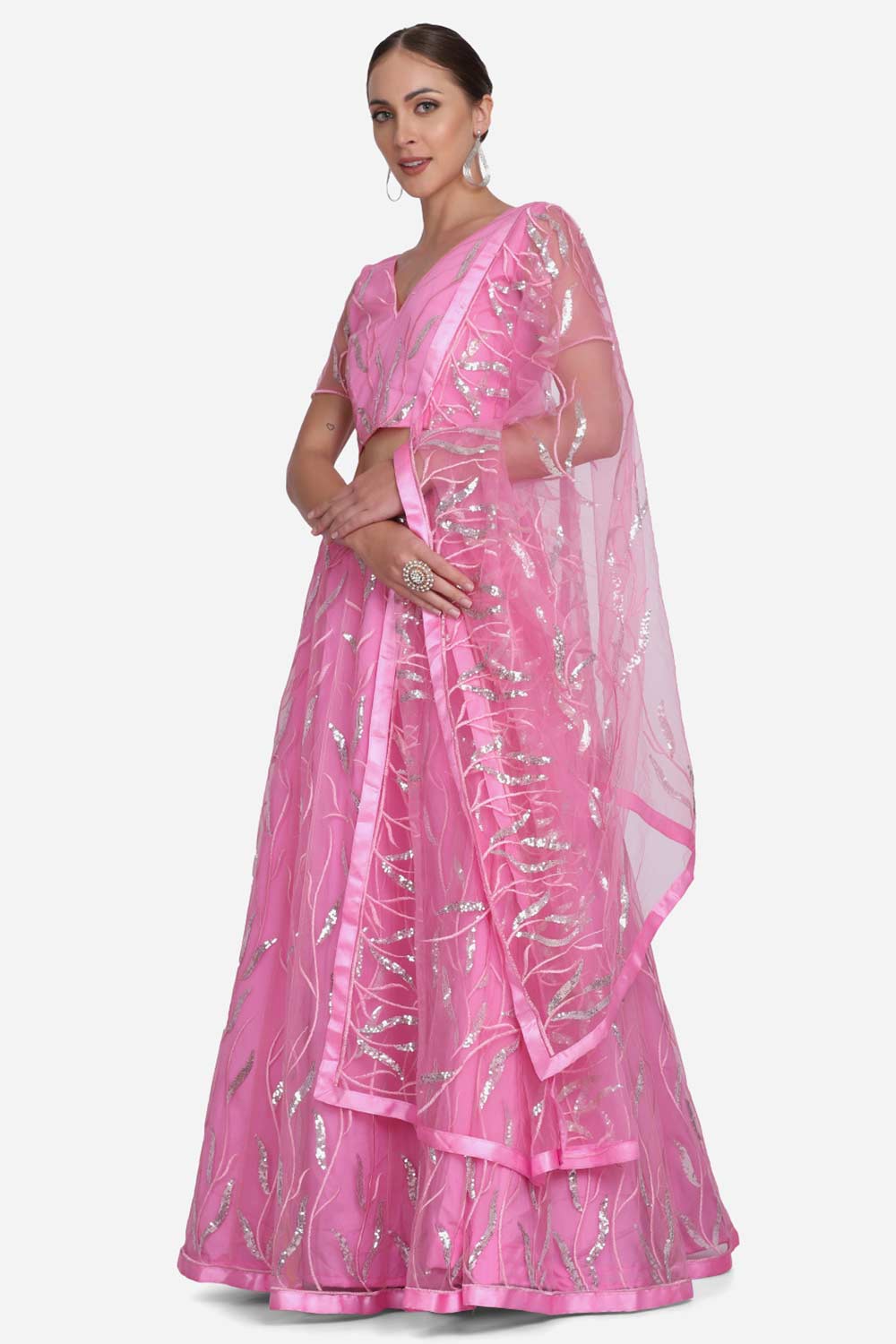 Pink Net Embroidered Lehenga Choli