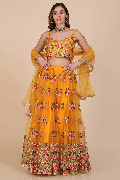 Yellow Net Embroidered Lehenga Choli