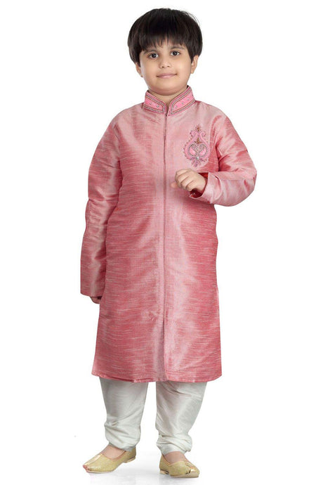 Boys Pink Art Dupion Silk Neck Embroidered Sherwani Set