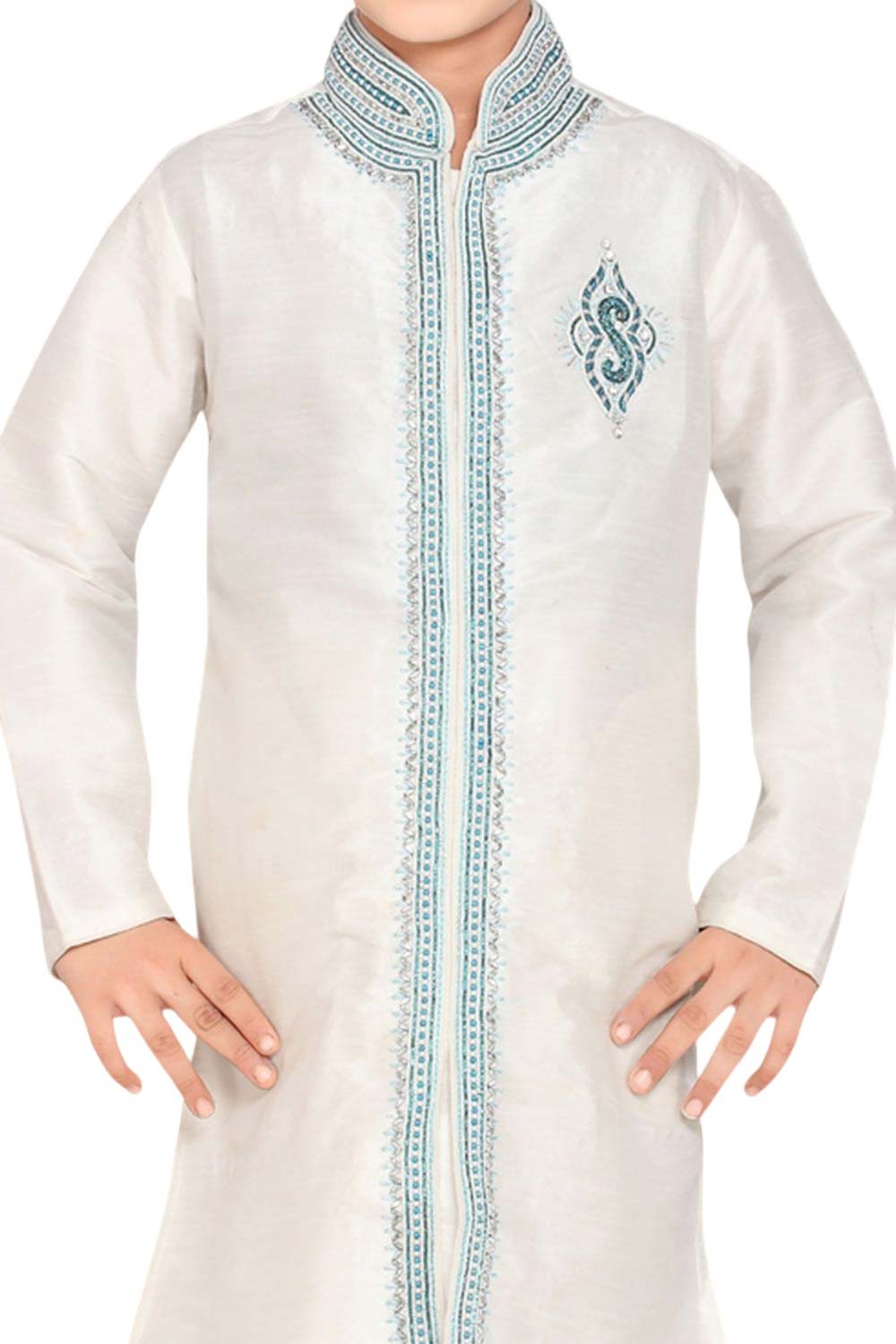 Boys White Art Dupion Silk Neck Embroidered Sherwani Set