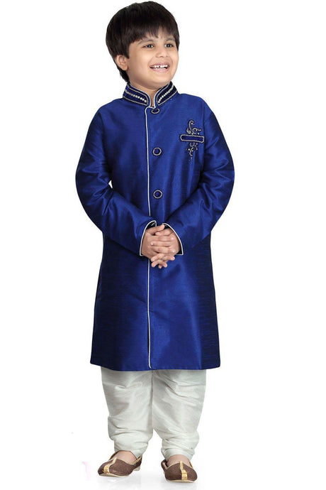 Boys Blue Art Dupion Silk Neck Embroidered Sherwani Set