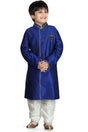 Boys Blue Art Dupion Silk Neck Embroidered Sherwani Set