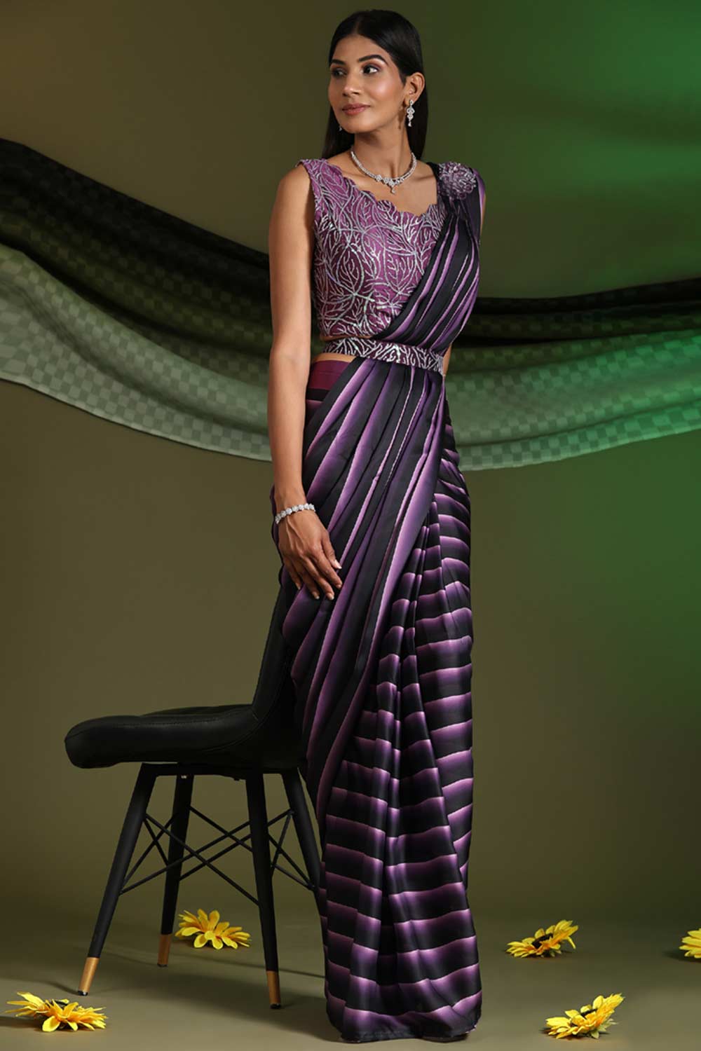 Buy Purple Georgette sequins workReady To Wear Saree Online - KARMAPLACE