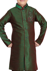 Boys Green Art Dupion Silk Neck Embroidered Sherwani Set