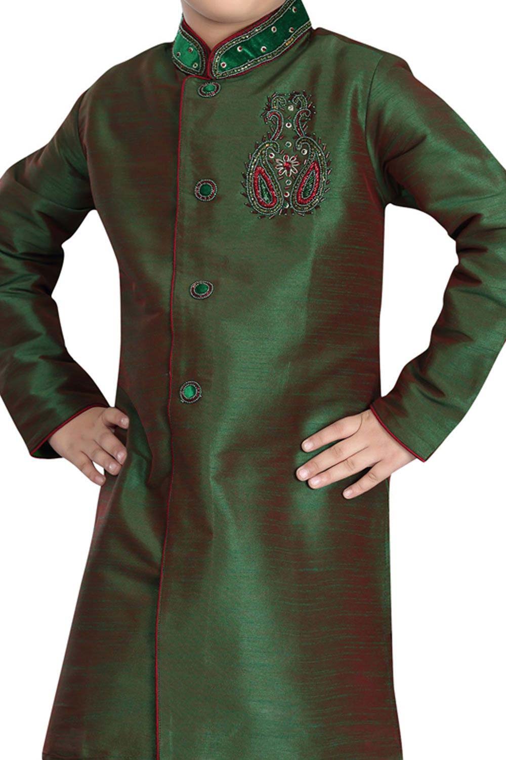 Boys Green Art Dupion Silk Neck Embroidered Sherwani Set