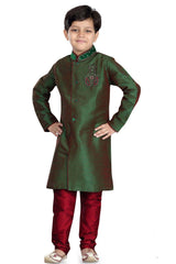 Boys Green Art Dupion Silk Neck Embroidered Sherwani Set