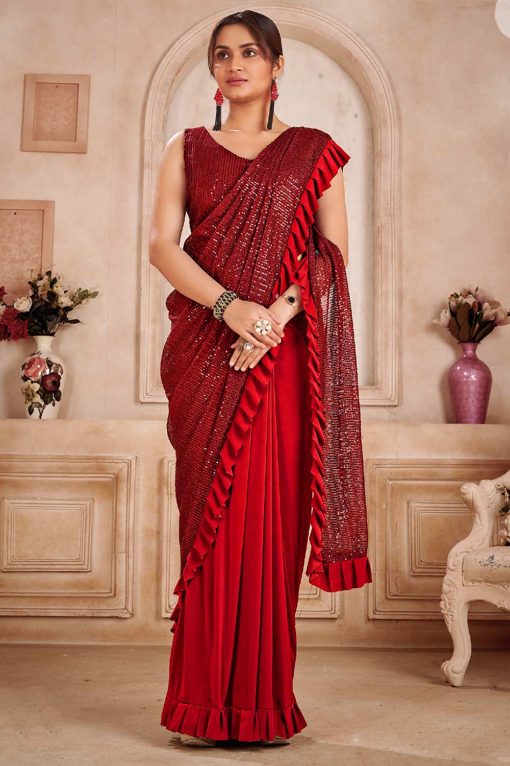 Buy Red Lycra sequins work With Frill laceReady To Wear Saree Online - KARMAPLACE