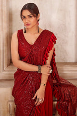 Red Lycra Sequins Work With Frill Lace Ready To Wear Saree