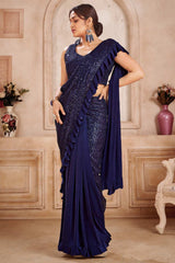 Buy Navy blue Lycra sequins work With Frill laceReady To Wear Saree Online - KARMAPLACE