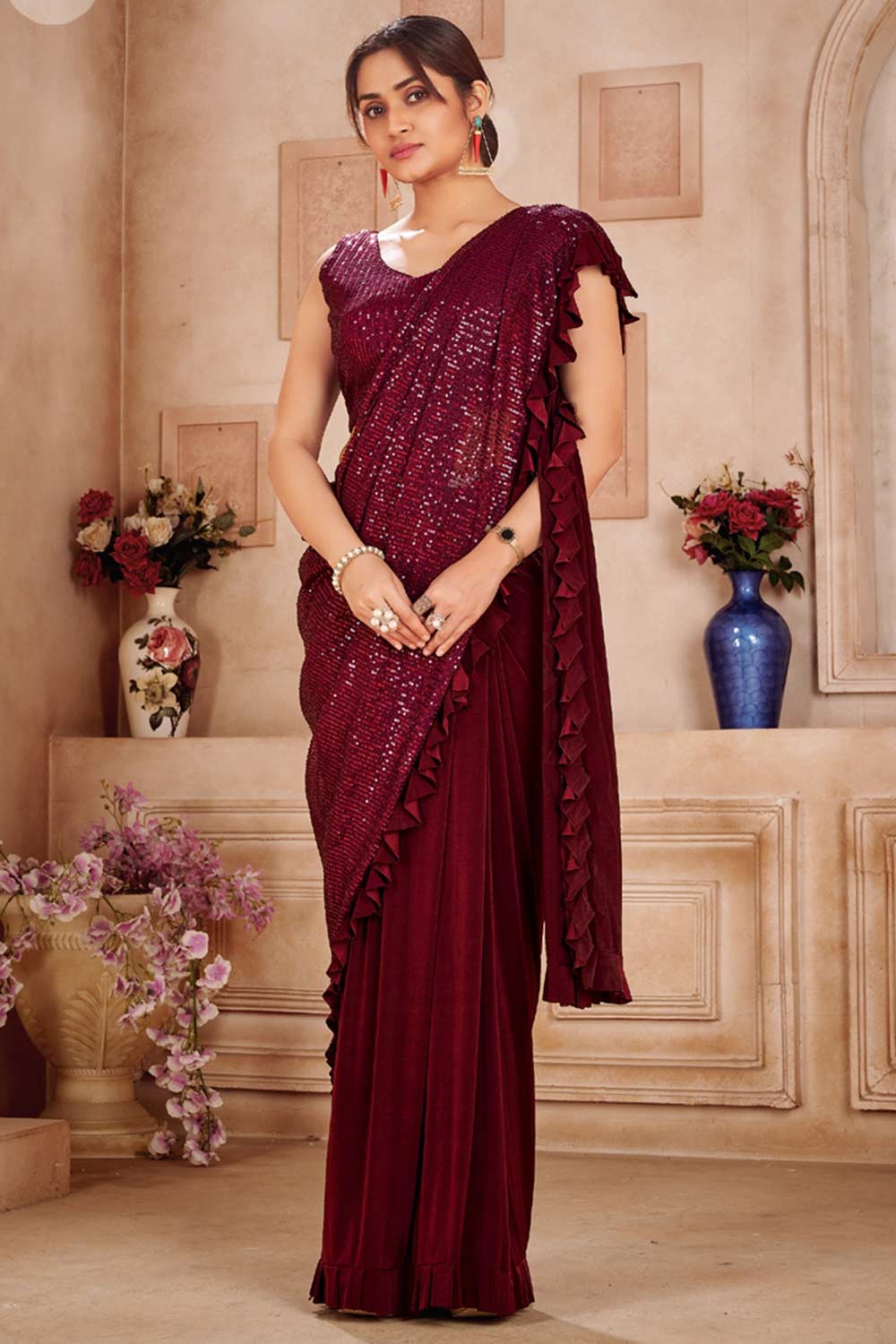 Buy Maroon Lycra sequins work With Frill laceReady To Wear Saree Online - KARMAPLACE