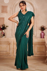Buy Dark green Lycra sequins work With Frill laceReady To Wear Saree Online - KARMAPLACE