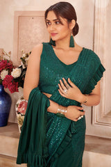 Dark Green Lycra Sequins Work With Frill Lace Ready To Wear Saree