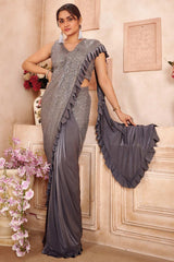 Buy Grey Lycra sequins work With Frill laceReady To Wear Saree Online - KARMAPLACE