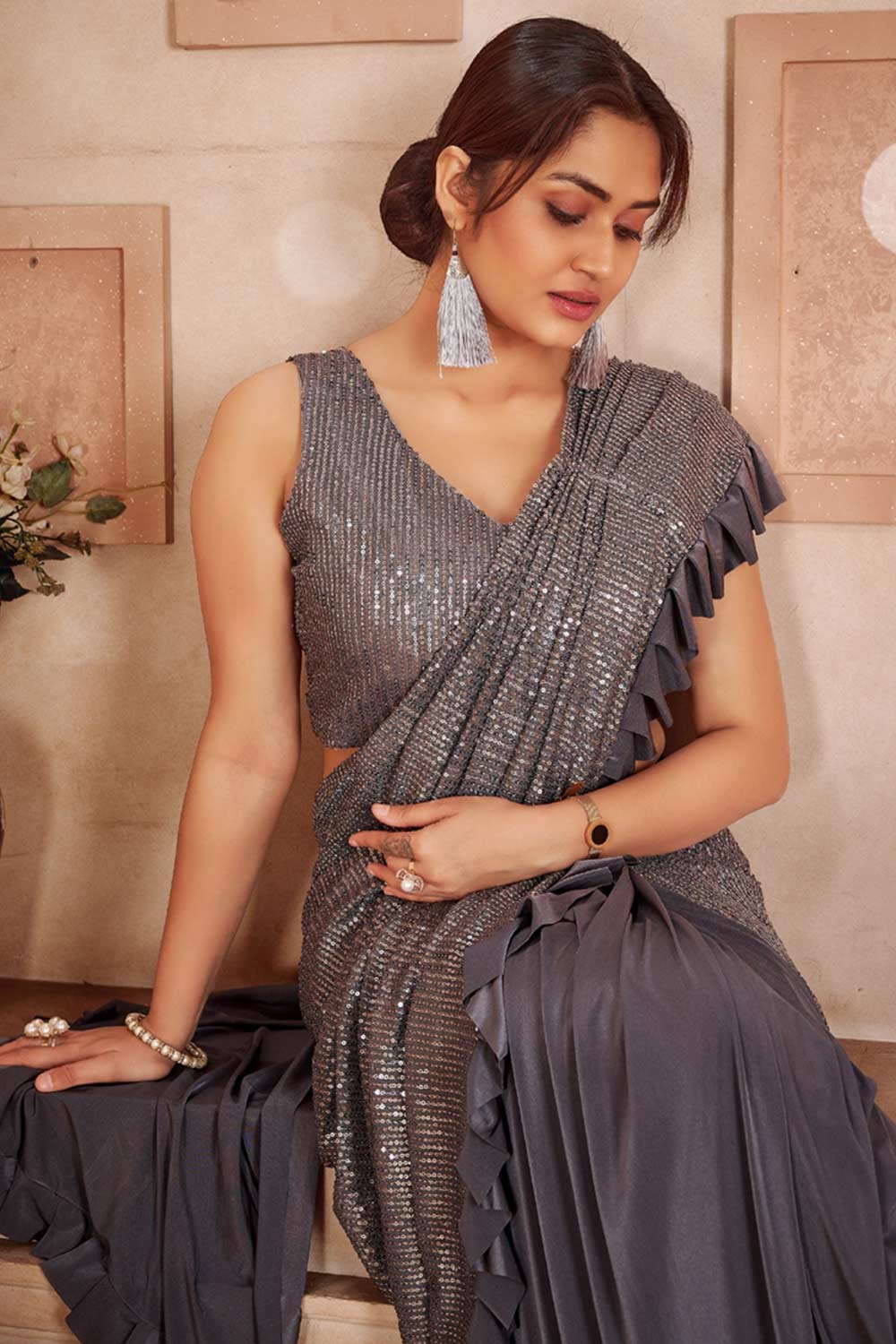 Grey Lycra Sequins Work With Frill Lace Ready To Wear Saree