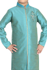 Boys Turquoise Art Dupion Silk Neck Embroidered Sherwani Set