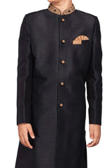 Boys Black Art Dupion Silk Neck Embroidered Sherwani Set