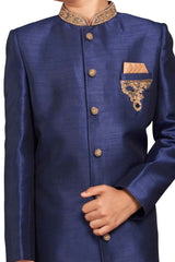 Boys Blue Art Dupion Silk Neck Embroidered Sherwani Set