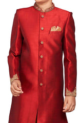 Boys Red Art Dupion Silk Neck Embroidered Sherwani Set