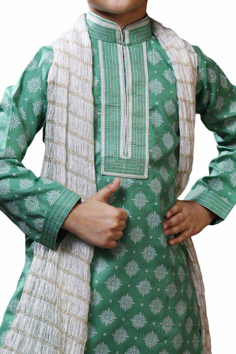 Boys Green Art Dupion Silk Neck Embroidered And Printed Kurta Pyjama Set