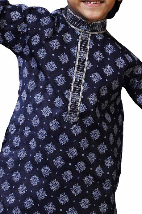 Boys Blue Art Dupion Silk Neck Embroidered And Printed Kurta Pyjama Set