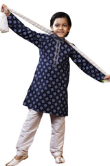 Boys Blue Art Dupion Silk Neck Embroidered And Printed Kurta Pyjama Set