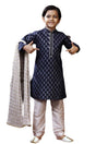 Boys Blue Art Dupion Silk Neck Embroidered And Printed Kurta Pyjama Set