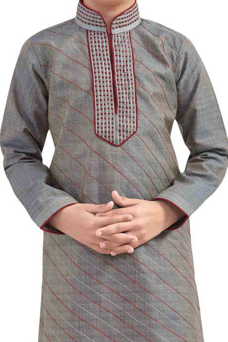 Boys Grey Cotton Resham Thread Embroidered Kurta Pyjama Set