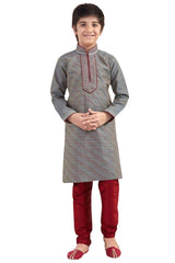 Boys Grey Cotton Resham Thread Embroidered Kurta Pyjama Set