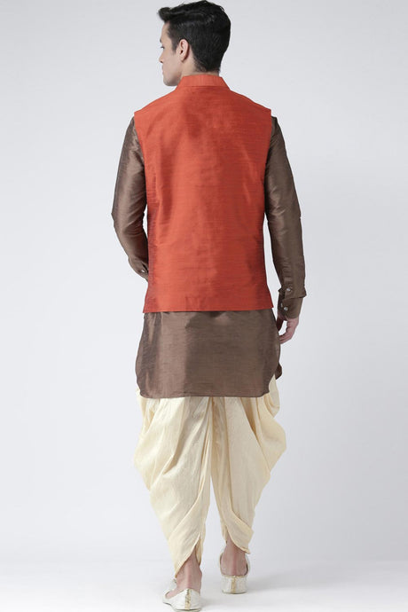 Buy Men's Art Silk  Solid Jacket in Orange  Online - Back