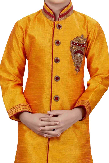 Boys Yellow Art Dupion Silk Neck Embroidered Sherwani Set