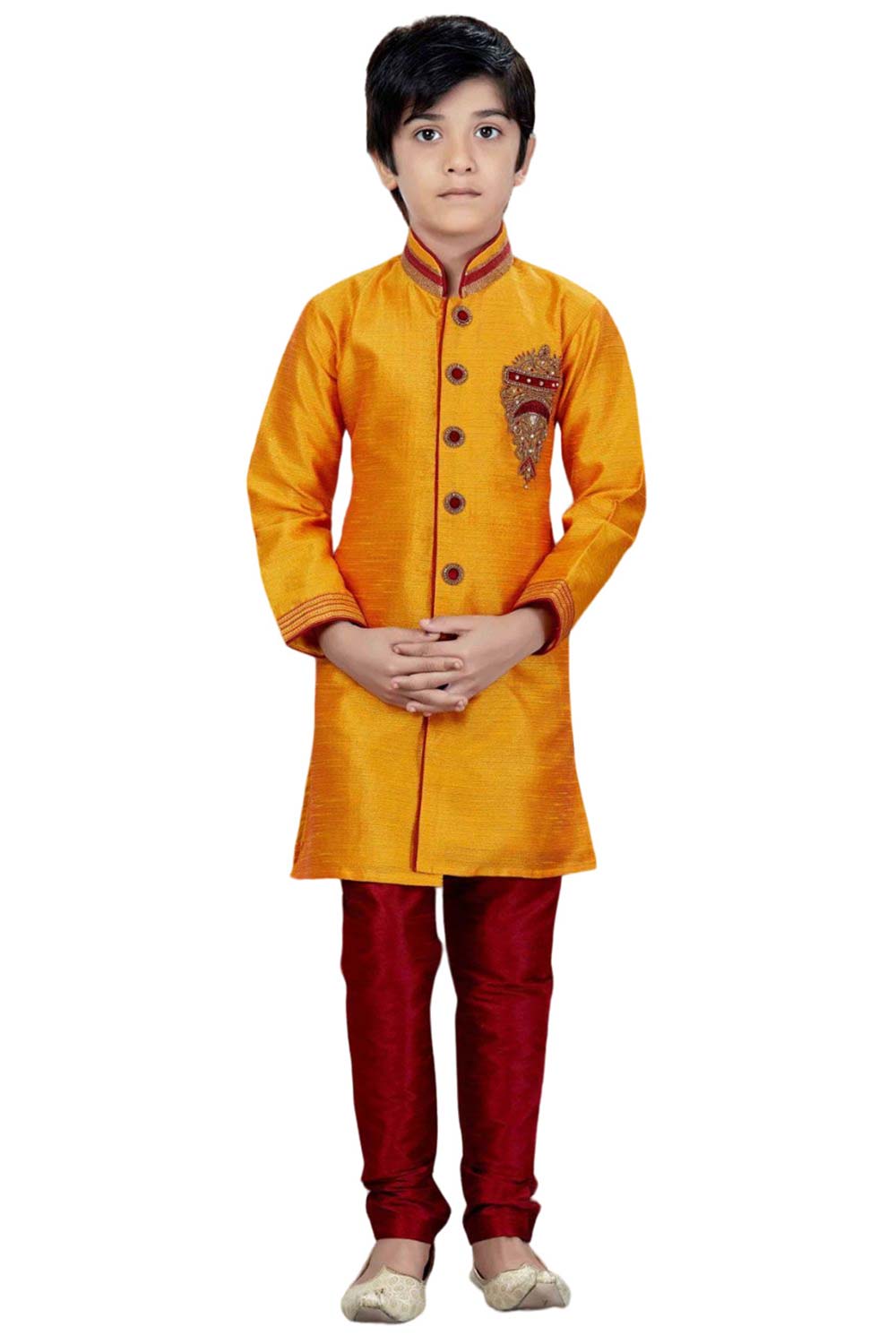 Boys Yellow Art Dupion Silk Neck Embroidered Sherwani Set