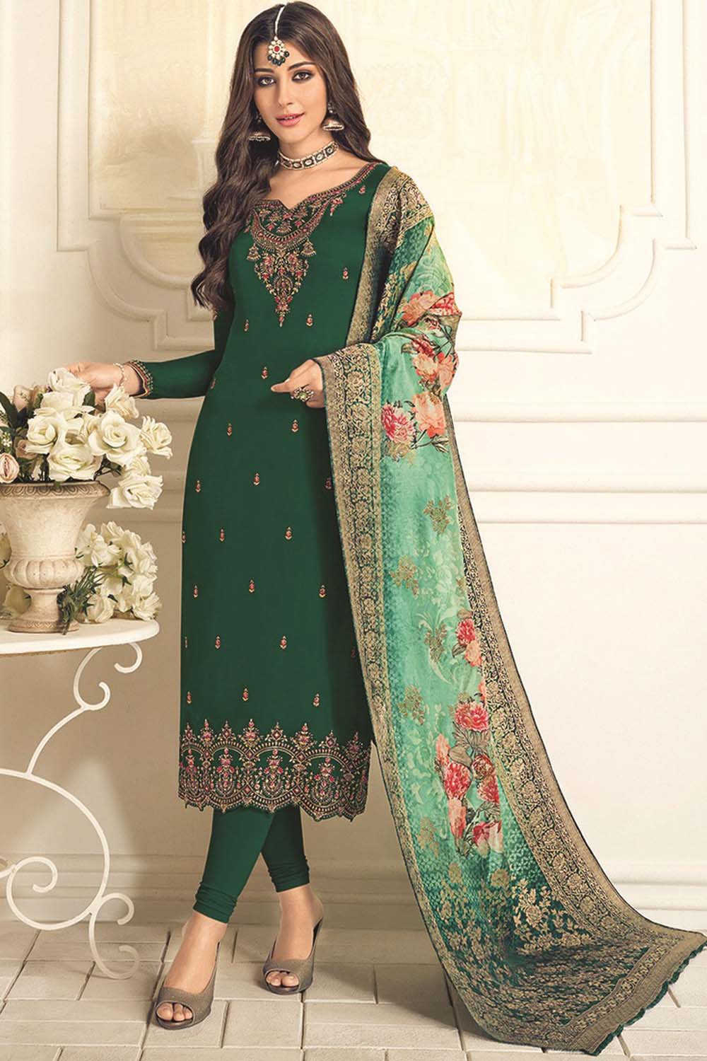 Faux Georgette Embroidered Suit Set Dress Material In Green