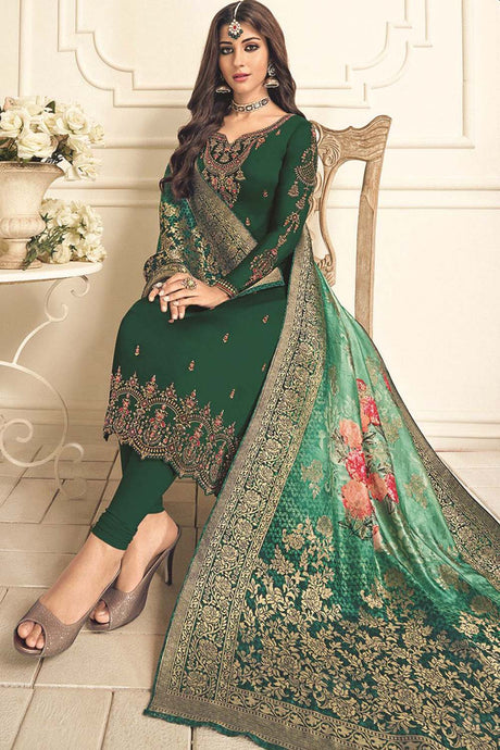 Faux Georgette Embroidered Suit Set Dress Material In Green