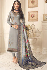 Faux Georgette Embroidered Suit Set Dress Material In Grey