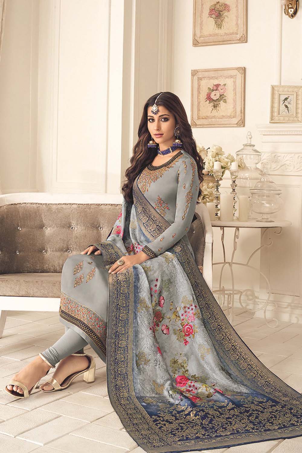 Faux Georgette Embroidered Suit Set Dress Material In Grey