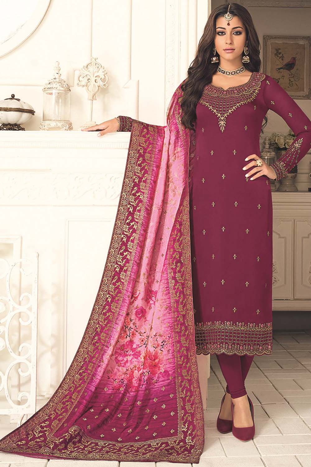 Faux Georgette Embroidered Suit Set Dress Material In Wine