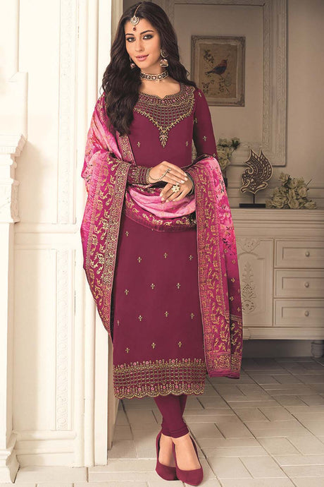 Faux Georgette Embroidered Suit Set Dress Material In Wine