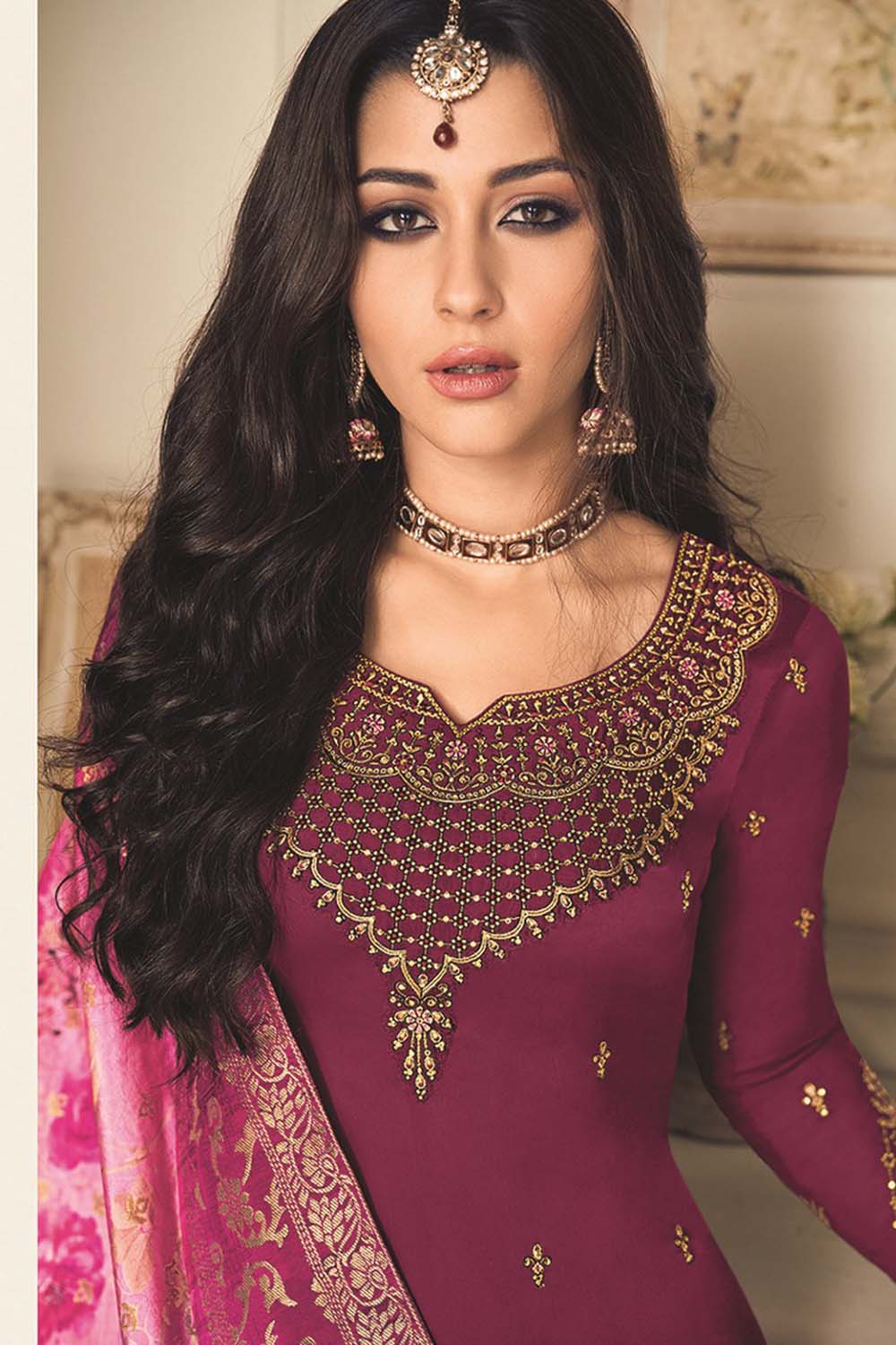 Faux Georgette Embroidered Suit Set Dress Material In Wine