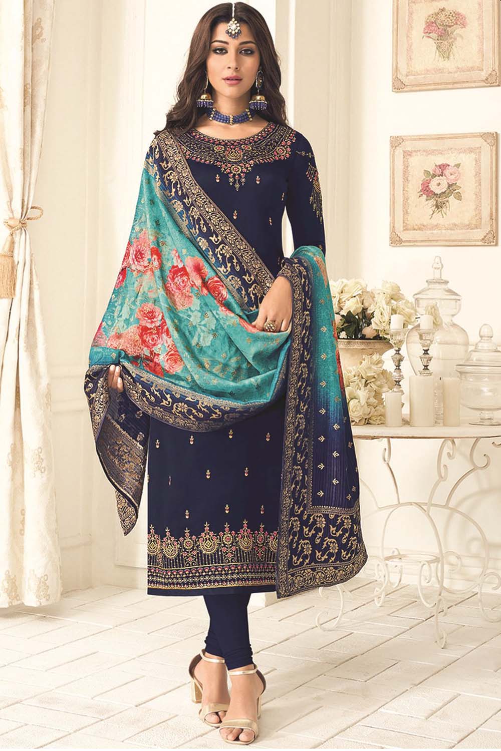 Faux Georgette Embroidered Suit Set Dress Material In Blue