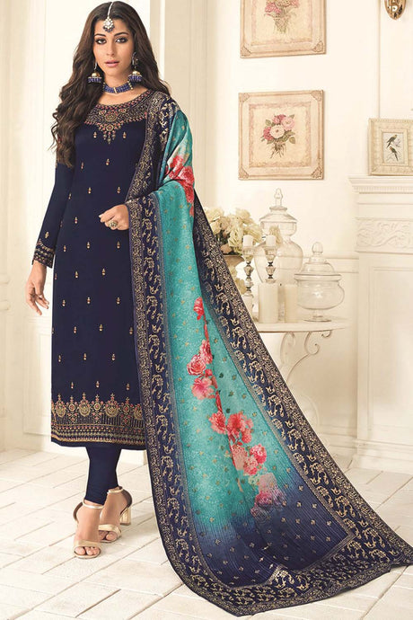 Faux Georgette Embroidered Suit Set Dress Material In Blue