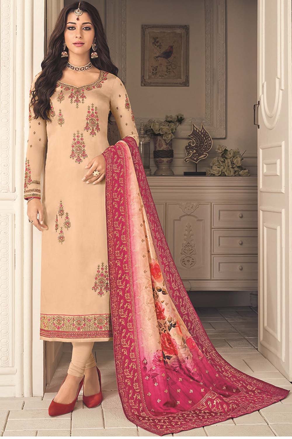 Faux Georgette Embroidered Suit Set Dress Material In Off White