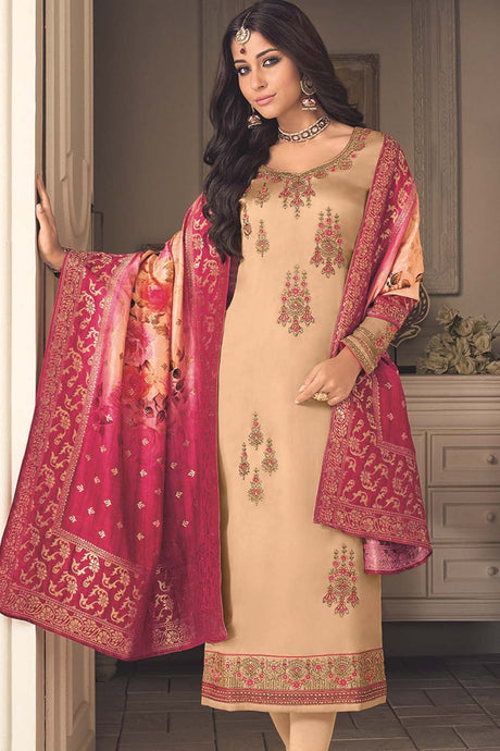 Faux Georgette Embroidered Suit Set Dress Material In Off White