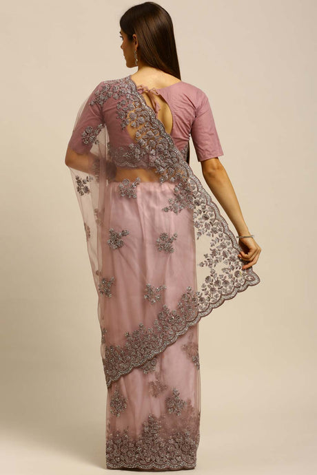 Net Embroidered Saree in Light Purple
