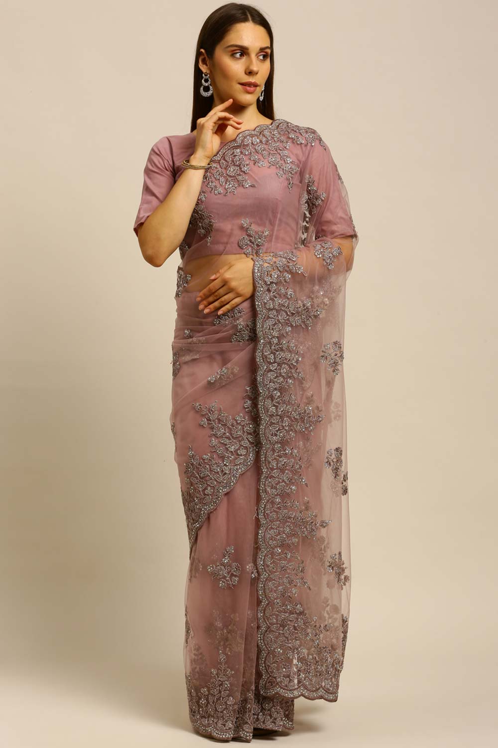 Net Embroidered Saree In Light Purple