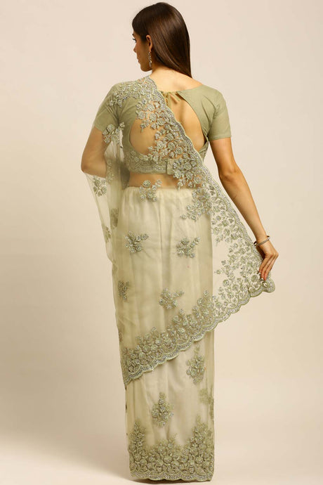 Net Embroidered Saree In Olive Green