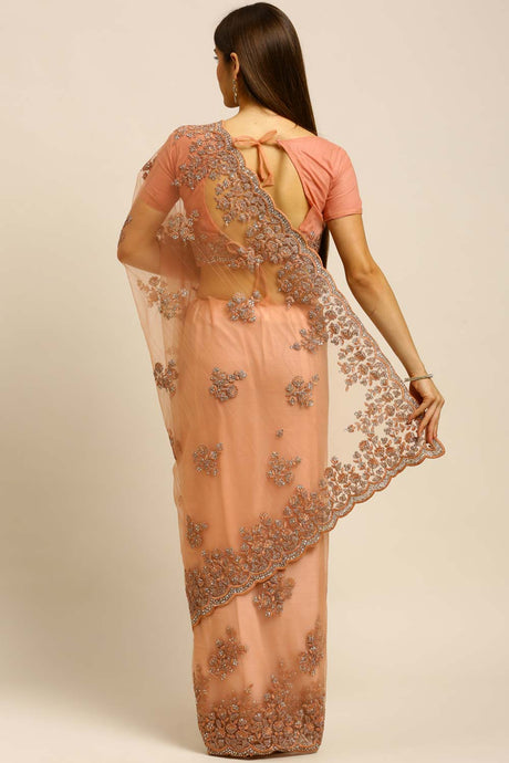 Net Embroidered Saree In Peach