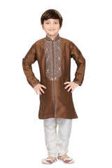 Boys Brown Art Dupion Silk Neck Embroidered Sherwani Set