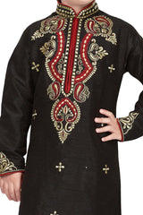 Boys Black Art Dupion Silk Resham Thread Embroidered Kurta Pyjama Set
