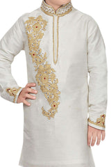 Boys White Art Dupion Silk Embroidered Emblished Kurta Pyjama Set