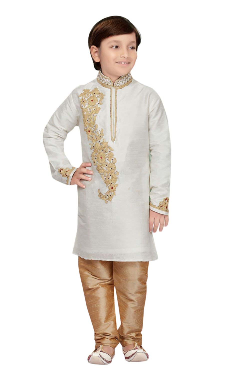 Boys White Art Dupion Silk Embroidered Emblished Kurta Pyjama Set